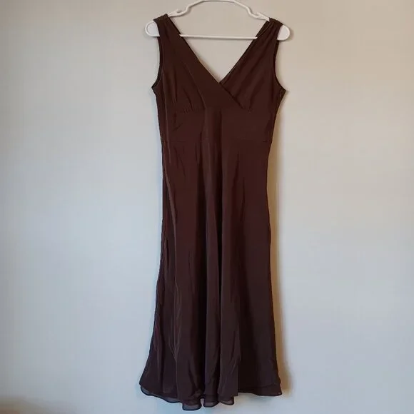 ❄️ J Crew 100% Silk Party Cocktail Dress Size 8 Brown Sleeveless V Neck Side Zip - Picture 2 of 5